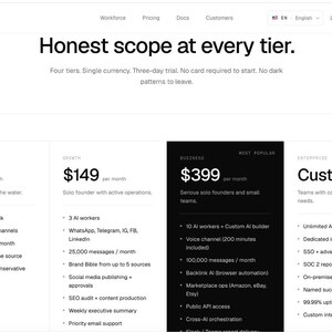 May include: A Staffbix pricing webpage displaying four tiers: Starter, Growth, Business, and Enterprise. The page features the headline Honest scope at every tier, with columns detailing monthly costs of $49, $149, $399, and a custom option.