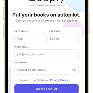 K&ouml;nnte beinhalten: Ein Smartphone-Bildschirm zeigt die Registrierungsseite der KI-gest&uuml;tzten Buchhaltungs-App Boopfy. Die Benutzeroberfl&auml;che enth&auml;lt Felder f&uuml;r Vorname, Nachname, gesch&auml;ftliche E-Mail-Adresse und Passwort sowie eine Schaltfl&auml;che zum Erstellen eines Kontos.