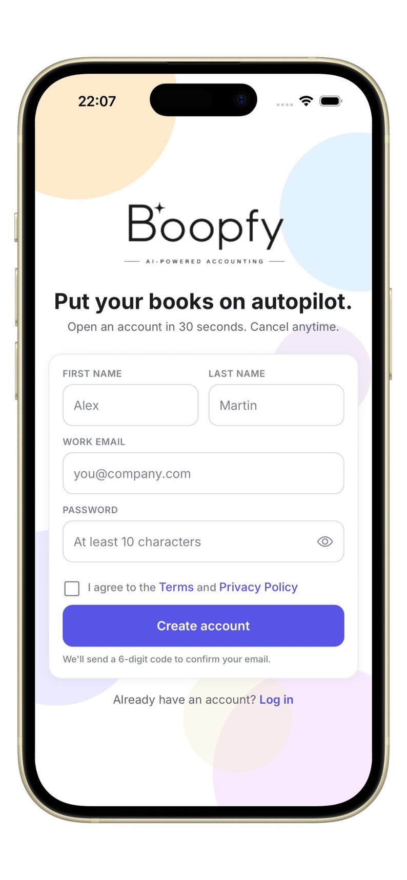 K&ouml;nnte beinhalten: Ein Smartphone-Bildschirm zeigt die Registrierungsseite der KI-gest&uuml;tzten Buchhaltungs-App Boopfy. Die Benutzeroberfl&auml;che enth&auml;lt Felder f&uuml;r Vorname, Nachname, gesch&auml;ftliche E-Mail-Adresse und Passwort sowie eine Schaltfl&auml;che zum Erstellen eines Kontos.