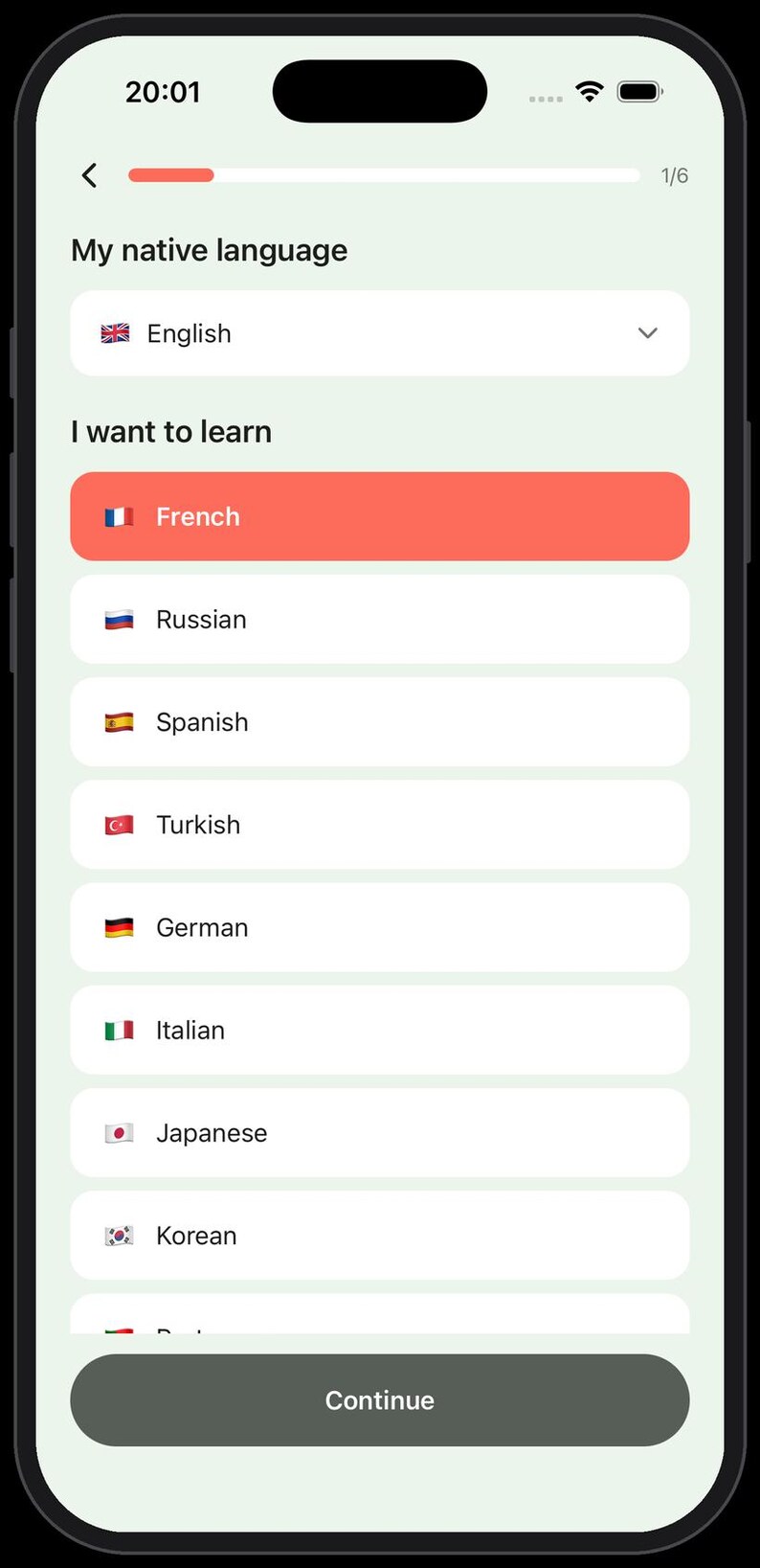 May include: A smartphone screen displaying a language learning application interface. The screen shows the text My native language with English selected, followed by I want to learn with a list of languages including French, Russian, Spanish, Turkish, German, Italian, Japanese, and Korean, and a Continue button at the bottom.