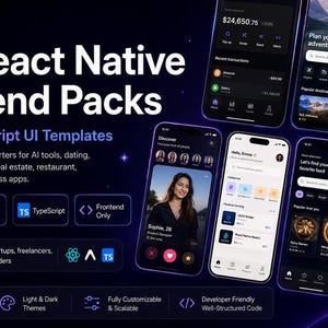 Bundel met 20 React Native UI-templates | Expo TypeScript mobiele frontend-pakketten (digitale download)