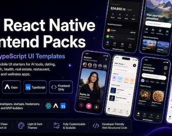 Paket med 20 React Native UI-mallar | Expo TypeScript Mobile Frontend-paket (digital nedladdning)