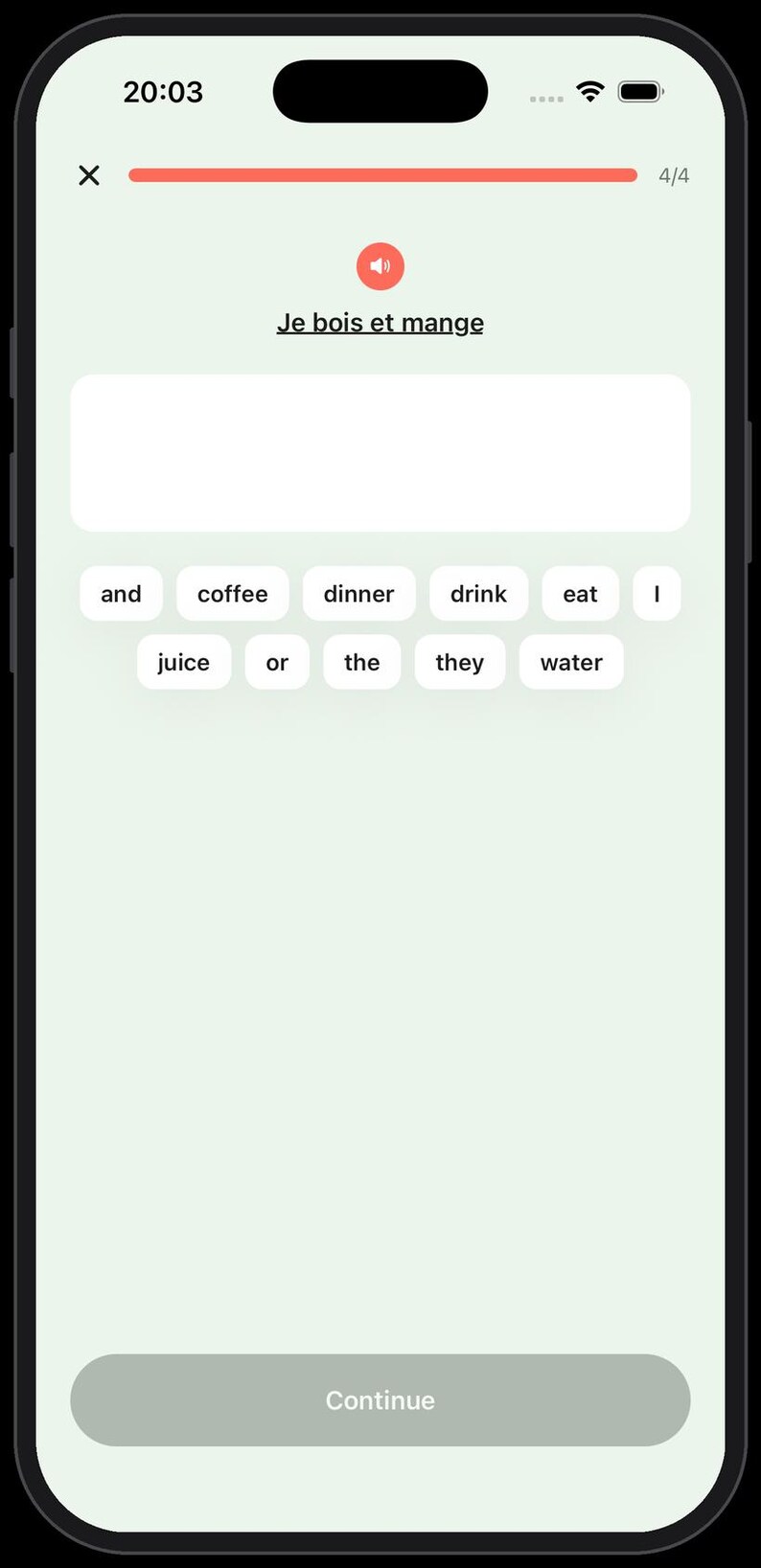 May include: A smartphone screen displaying a language learning application interface. The screen shows the text Je bois et mange, a speaker icon, a blank input field, and a grid of word tiles including and, coffee, dinner, drink, eat, I, juice, or, the, they, water.