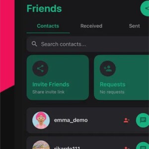 May include: A smartphone screen displaying a dark-themed messaging application interface with the text Group or private chats at the top. The Friends tab shows contacts, invite options, and a list of users including emma_demo and rikardo111.