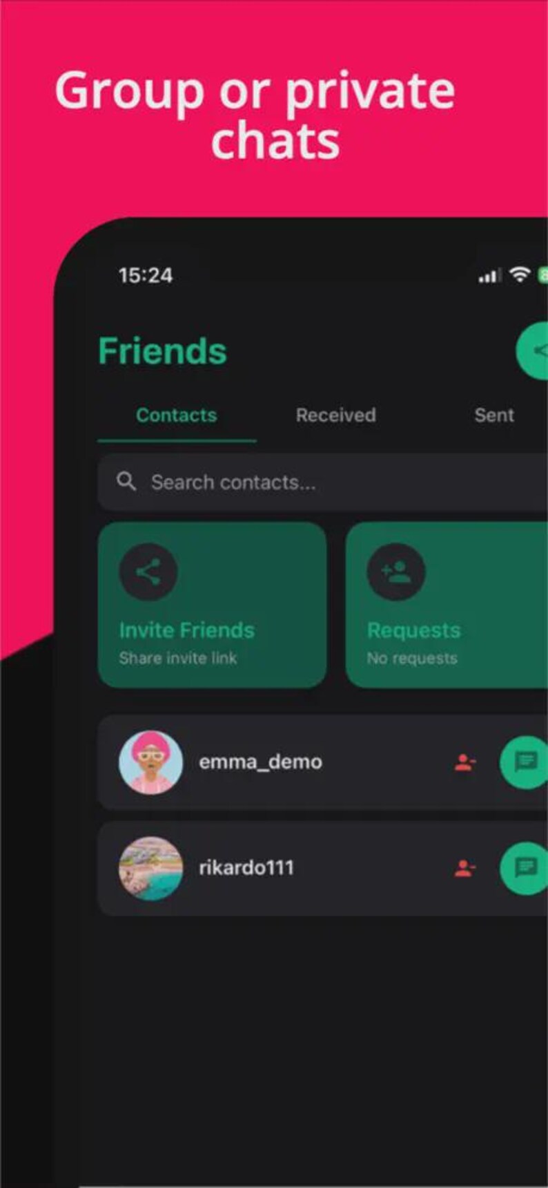 May include: A smartphone screen displaying a dark-themed messaging application interface with the text Group or private chats at the top. The Friends tab shows contacts, invite options, and a list of users including emma_demo and rikardo111.