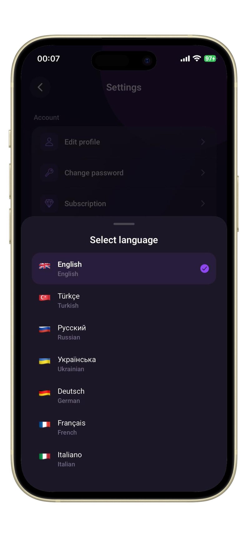 May include: A smartphone screen displaying a dark-themed settings menu with an overlay titled Select language. The list includes English, T&uuml;rk&ccedil;e, Русский, Українська, Deutsch, Fran&ccedil;ais, and Italiano, each accompanied by a national flag icon.