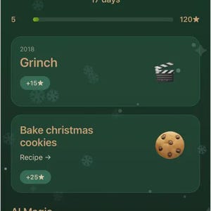Peut inclure: Une interface d'application mobile sur fond vert fonc&eacute; avec un compte &agrave; rebours de No&euml;l, une barre de progression et des cartes de t&acirc;ches intitul&eacute;es Grinch et Bake christmas cookies. En dessous, des boutons AI Magic pour AI Photo et Santa Video.