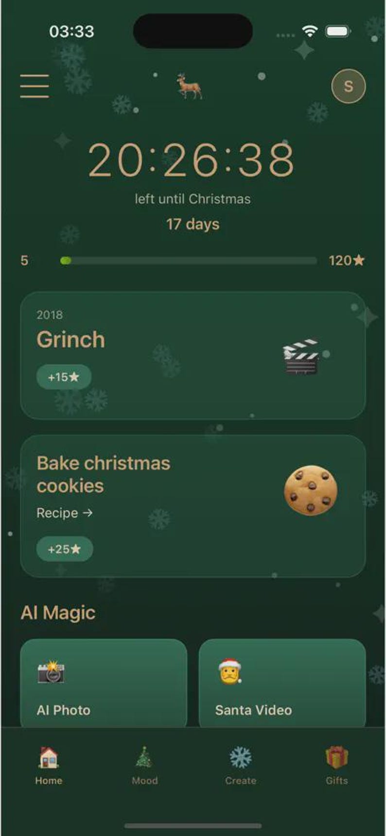 Peut inclure: Une interface d'application mobile sur fond vert fonc&eacute; avec un compte &agrave; rebours de No&euml;l, une barre de progression et des cartes de t&acirc;ches intitul&eacute;es Grinch et Bake christmas cookies. En dessous, des boutons AI Magic pour AI Photo et Santa Video.