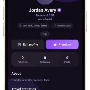 May include: A smartphone screen displaying a dark-themed social media profile for Jordan Avery, Founder & CEO of Avery Capital. The interface shows profile details, zero followers, zero following, zero posts, and a travel statistics section.