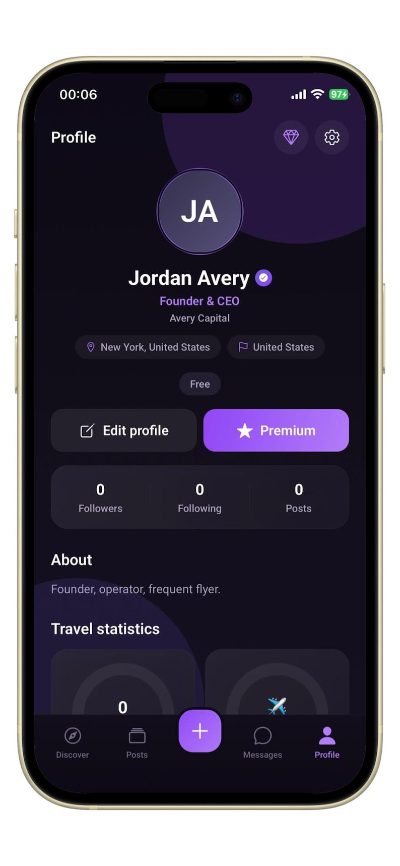 May include: A smartphone screen displaying a dark-themed social media profile for Jordan Avery, Founder & CEO of Avery Capital. The interface shows profile details, zero followers, zero following, zero posts, and a travel statistics section.