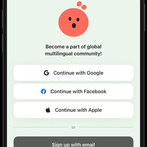 May include: A mobile app sign-up screen featuring a coral-coloured circular character with a surprised expression. The text reads: Become a part of global multilingual community! It includes buttons for Google, Facebook, Apple, and email sign-up options.