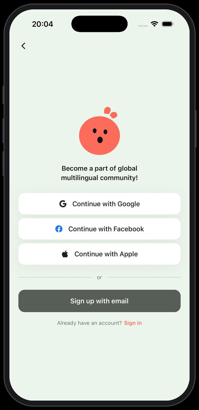 May include: A mobile app sign-up screen featuring a coral-coloured circular character with a surprised expression. The text reads: Become a part of global multilingual community! It includes buttons for Google, Facebook, Apple, and email sign-up options.