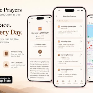 以下が含まれることがあります： 3台のスマートフォンにBible Prayersアプリのインターフェースが表示されており、朝の祈りのリストや教会を探すための地図機能が確認できます。アプリのロゴは日の出で、Find Peace, Pray Every DayやApp Storeのテキストが含まれています。