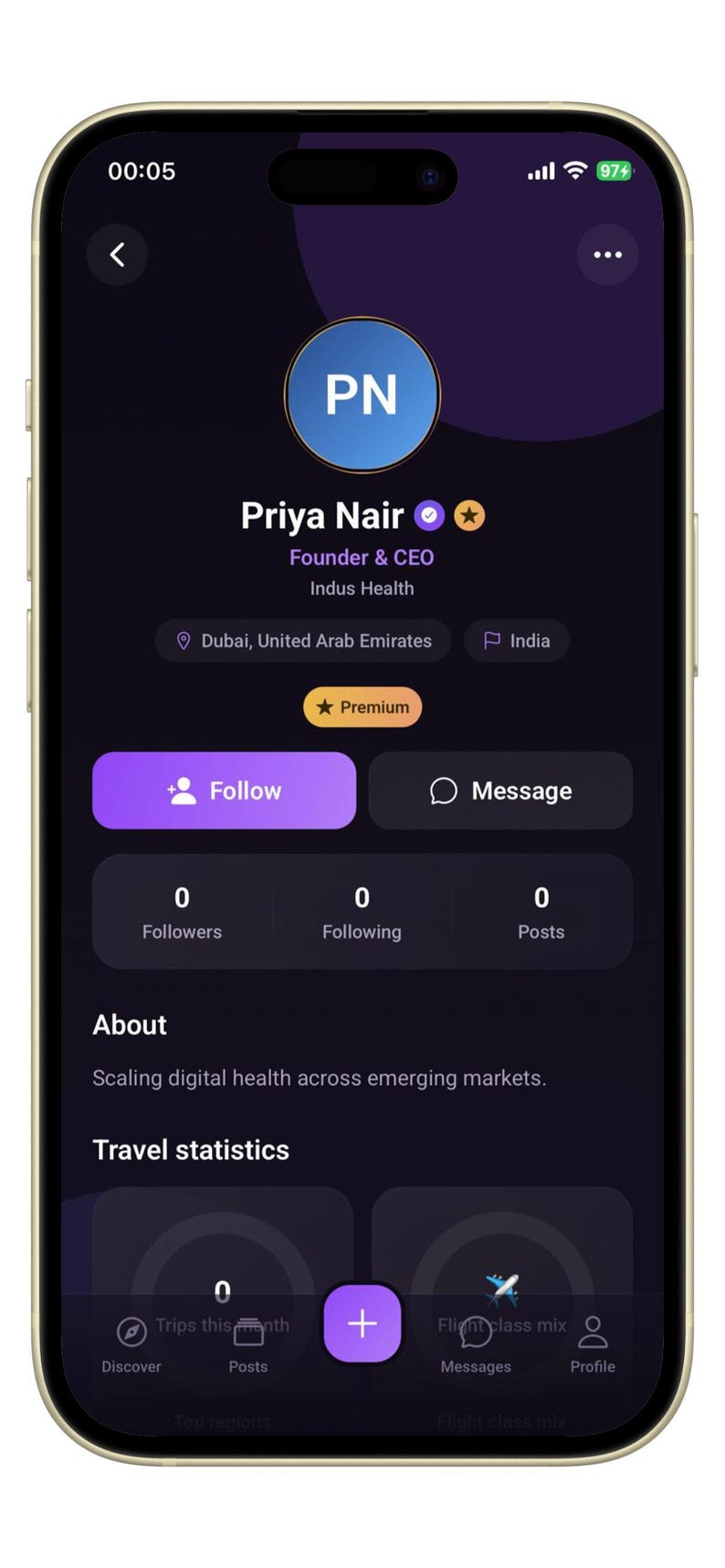 May include: A smartphone screen displaying a social media profile for Priya Nair, Founder & CEO of Indus Health. The interface features a dark theme with a profile picture, follow and message buttons, statistics, and an about section.