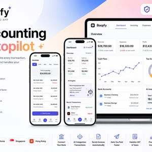 Op de afbeelding: Een digitale interface voor de Boopfy AI boekhoud-app weergegeven op een laptopscherm en twee smartphones. De schermen tonen financiële dashboards met inkomsten, uitgaven, winst, cashflow en factuurlijsten. Tekst bevat: AI Accounting on Autopilot.