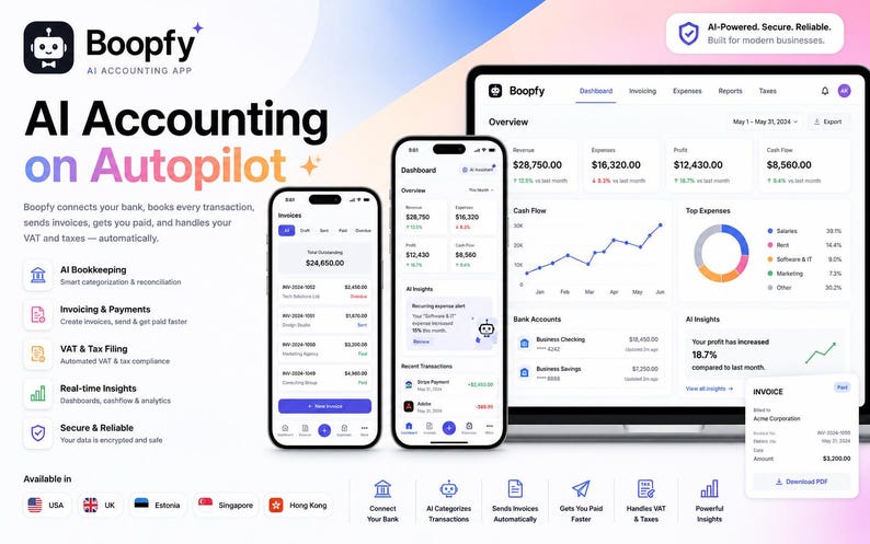 K&ouml;nnte beinhalten: Eine digitale Benutzeroberfl&auml;che f&uuml;r die Boopfy AI Buchhaltungs-App auf einem Laptop-Bildschirm und zwei Smartphones. Die Bildschirme zeigen Finanz-Dashboards mit Einnahmen, Ausgaben, Gewinn, Cashflow und Rechnungslisten. Text: AI Accounting on Autopilot.