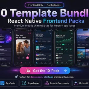 Op de afbeelding: Een digitale afbeelding met een bundel van 10 React Native frontend-sjablonen voor mobiele apps. Vijf smartphoneschermen tonen donkere gebruikersinterfaces voor diverse categorieën, omringd door tien gelabelde iconen en een knop.