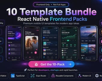 Paket med React Native UI-mallar | 10 Expo TypeScript Frontend-paket (digital nedladdning)