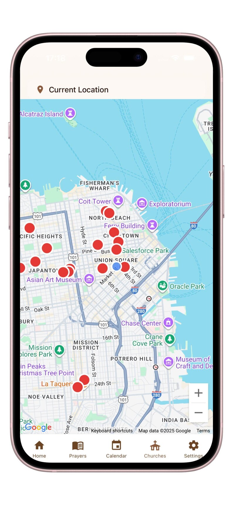 May include: A smartphone screen displaying a digital map of San Francisco with various red circular location markers, green park icons, and purple landmark icons. The interface includes navigation tabs at the bottom labeled Home, Prayers, Calendar, Churches, and Settings.