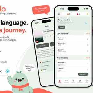 Op de afbeelding: Een UI-sjabloon voor de taalleer-app Parlo, met drie smartphoneschermen die woordenschat-, lees- en quizinterfaces tonen. Het ontwerp bevat een stripfiguur, tekstkoppen en pictogrammen voor Expo en TypeScript.