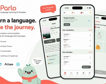 Användargränssnittsmall för React Native Language Learning-app | TypeScript Expo mobilkit (26 skärmar)