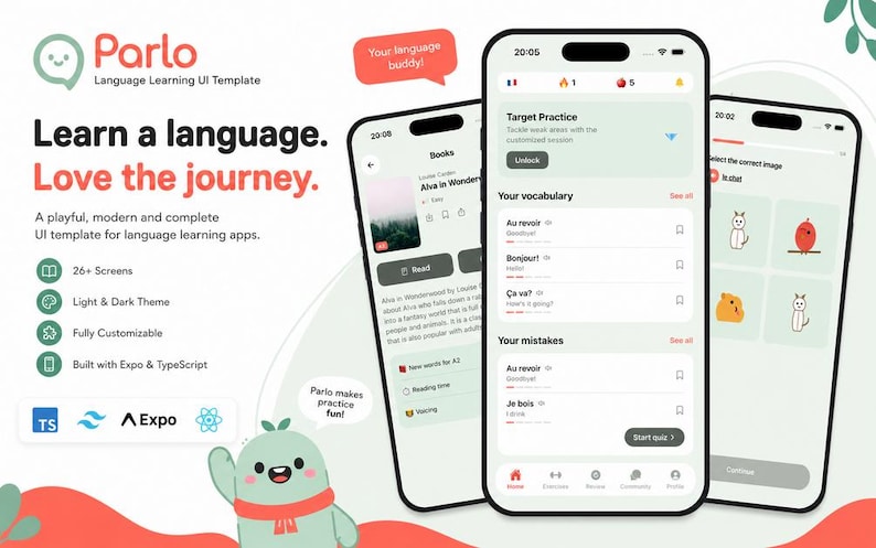 May include: A UI template for a language learning app named Parlo, featuring three smartphone screens displaying vocabulary, reading, and quiz interfaces. The design includes a cartoon character, text headers, and icons for Expo and TypeScript.