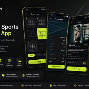 Op de afbeelding: Een digitale interface van de Courtside-app, bestaande uit vier smartphoneschermen met lay-outs voor tennis- en sportboekingen, een donker thema, limoengroene accenten en tekst over baanreserveringen en profielen van coaches.