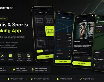 React Native Expo Tennisbokningsapp UI-mall | TypeScript Sports Court Mobile Kit (skärmar)