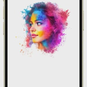 K&ouml;nnte beinhalten: Ein Smartphone mit einem wei&szlig;en Bildschirm, der ein farbenfrohes Aquarell-Portr&auml;t eines Gesichts zeigt, umgeben von rosa, blauen und gelben Farbspritzern. Der Text "MakeupAI" und "Your AI Beauty Assistant" steht unten auf dem Bildschirm.