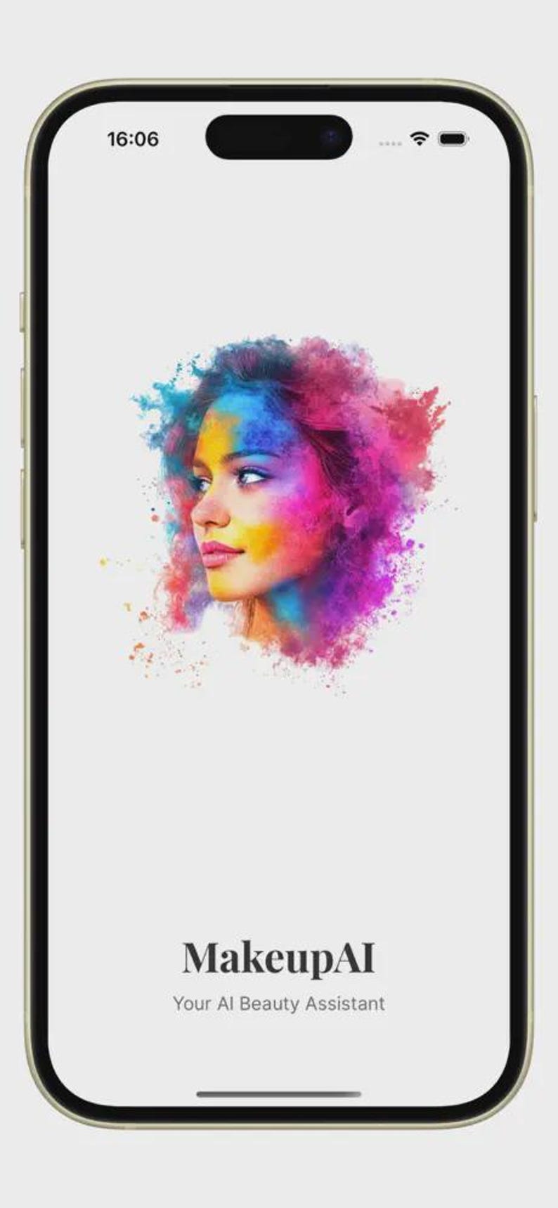 K&ouml;nnte beinhalten: Ein Smartphone mit einem wei&szlig;en Bildschirm, der ein farbenfrohes Aquarell-Portr&auml;t eines Gesichts zeigt, umgeben von rosa, blauen und gelben Farbspritzern. Der Text "MakeupAI" und "Your AI Beauty Assistant" steht unten auf dem Bildschirm.