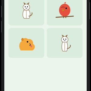 May include: A smartphone screen displaying a language learning app interface with the text Select the correct image and le chat. The screen shows four square icons featuring a white cat, a red bird, an orange blob, and another white cat.