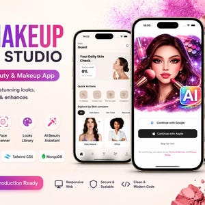 Op de afbeelding: Drie smartphones tonen de interface van de Makeup AI Studio-app, met een digitale illustratie van een persoon die make-up aanbrengt. Het scherm toont inlogopties, huidanalyse en diverse looks. Tekst bevat Makeup AI Studio.