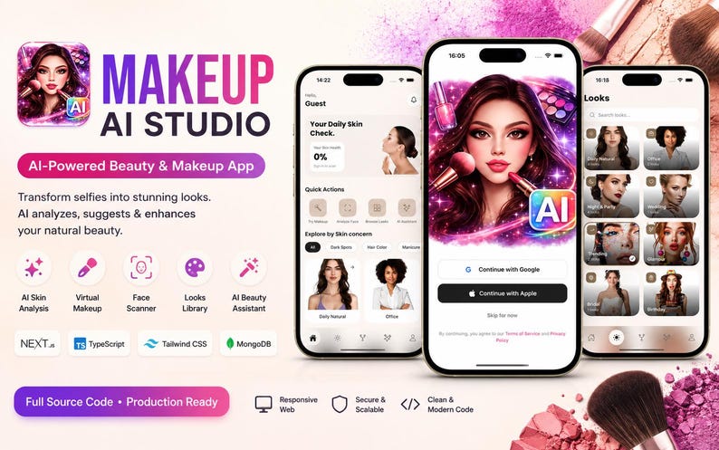 K&ouml;nnte beinhalten: Drei Smartphones zeigen die Benutzeroberfl&auml;che der App Makeup AI Studio mit einer digitalen Illustration einer Person, die Make-up auftr&auml;gt. Der Bildschirm zeigt Anmeldeoptionen, Hautanalyse und verschiedene Looks. Text: Makeup AI Studio.