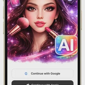 K&ouml;nnte beinhalten: Ein Smartphone-Bildschirm zeigt eine App-Oberfl&auml;che mit einer digitalen Illustration einer Person, umgeben von Make-up-Artikeln wie Nagellack, einer Palette, einem Pinsel und Lippenstift. Die Anzeige enth&auml;lt Buttons f&uuml;r Google und Apple.