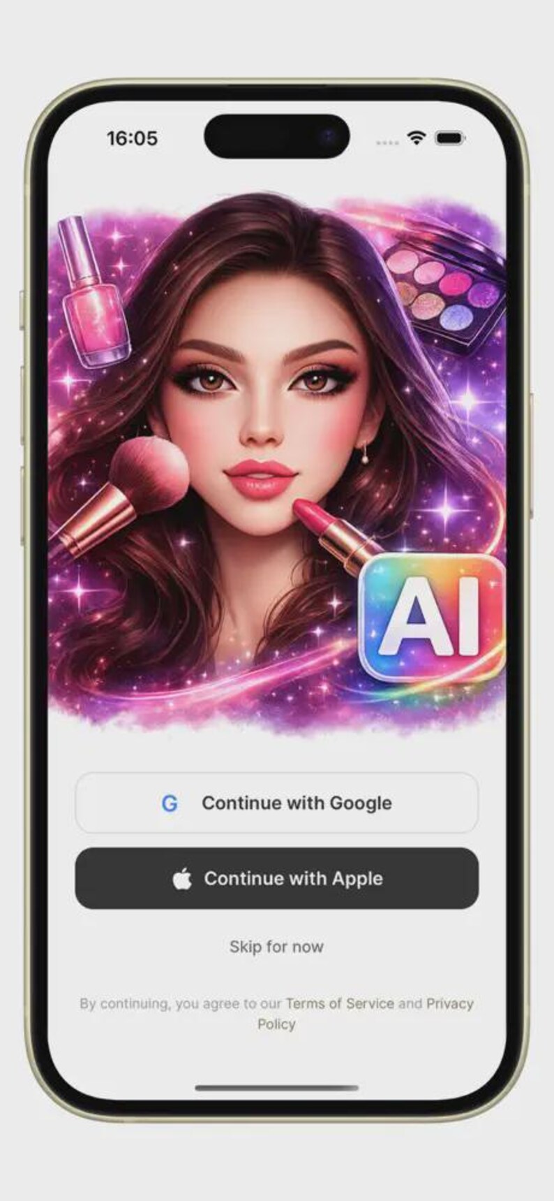K&ouml;nnte beinhalten: Ein Smartphone-Bildschirm zeigt eine App-Oberfl&auml;che mit einer digitalen Illustration einer Person, umgeben von Make-up-Artikeln wie Nagellack, einer Palette, einem Pinsel und Lippenstift. Die Anzeige enth&auml;lt Buttons f&uuml;r Google und Apple.