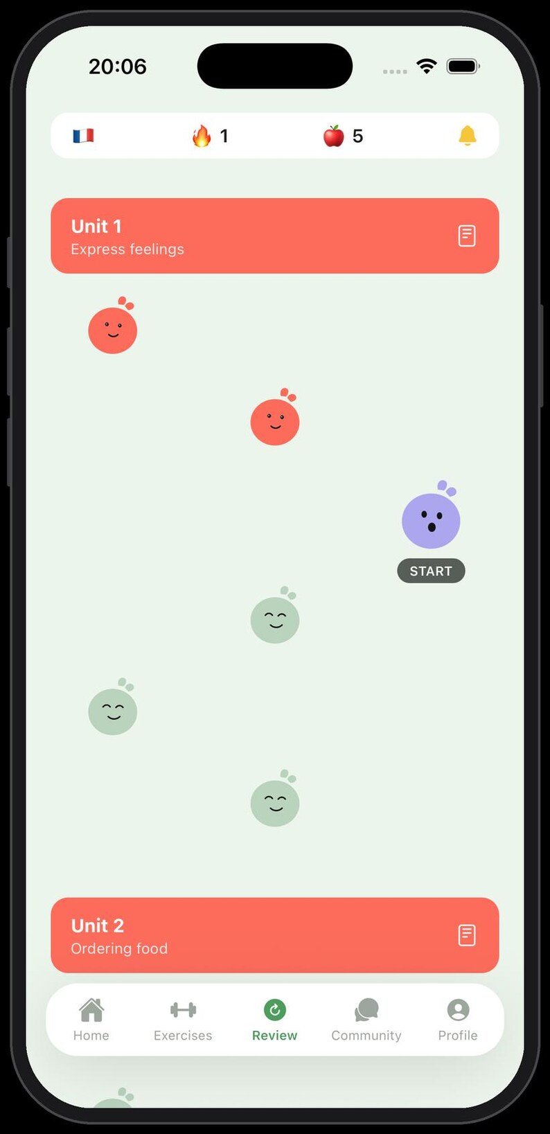 May include: A mobile application interface displaying a language learning dashboard with a light green background. The screen features a progress path with various coloured character icons, a start button, and navigation tabs for home, exercises, review, community, and profile.