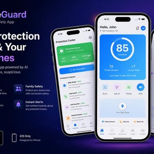 Op de afbeelding: Drie smartphones tonen de interface van de SafeGuard digitale veiligheidsapp tegen een donkerpaarse achtergrond. De schermen tonen een beschermingsscore van 85, een dashboard van het beschermingscentrum en een AI-chatinterface.