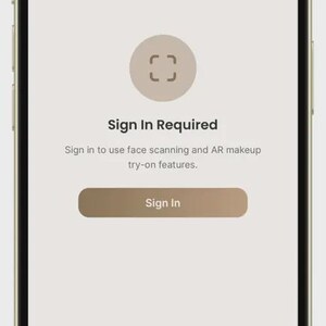 K&ouml;nnte beinhalten: Ein Smartphone-Bildschirm mit einer Sign In Required-Oberfl&auml;che auf hellbeigem Hintergrund. Der Bildschirm zeigt ein kreisf&ouml;rmiges Symbol, den Text Sign In Required, einen beschreibenden Satz &uuml;ber Gesichtsscans und einen Sign In-Button.
