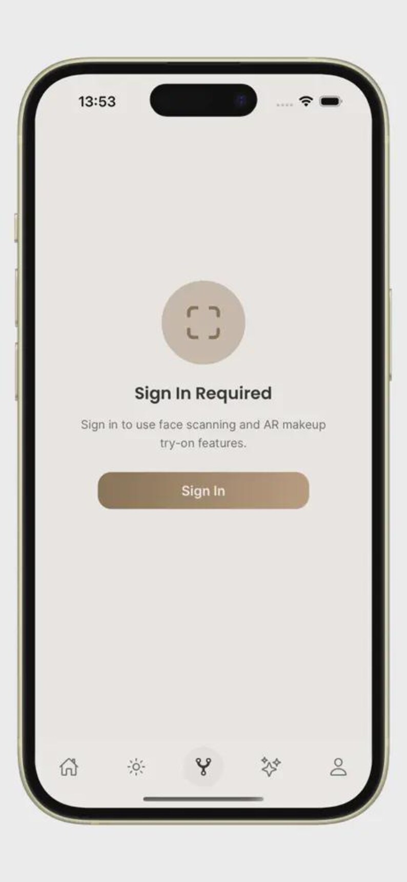 K&ouml;nnte beinhalten: Ein Smartphone-Bildschirm mit einer Sign In Required-Oberfl&auml;che auf hellbeigem Hintergrund. Der Bildschirm zeigt ein kreisf&ouml;rmiges Symbol, den Text Sign In Required, einen beschreibenden Satz &uuml;ber Gesichtsscans und einen Sign In-Button.