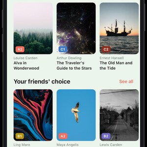 May include: A mobile application interface titled Books displaying book covers categorised by Oxford Reading University, Your friends' choice, and Fantasy. The screen shows various book titles, author names, and proficiency level badges.