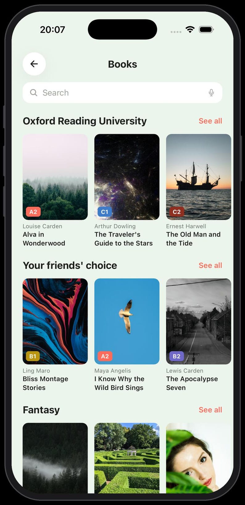 May include: A mobile application interface titled Books displaying book covers categorised by Oxford Reading University, Your friends' choice, and Fantasy. The screen shows various book titles, author names, and proficiency level badges.