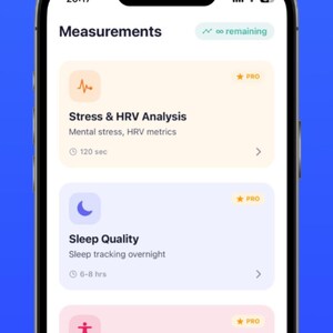 May include: A smartphone screen displaying a health application interface titled Measurements. The screen features cards for Stress & HRV Analysis, Sleep Quality, and Full Body Scan, with a bottom navigation bar including icons for Home, Measure, History, and Profile.