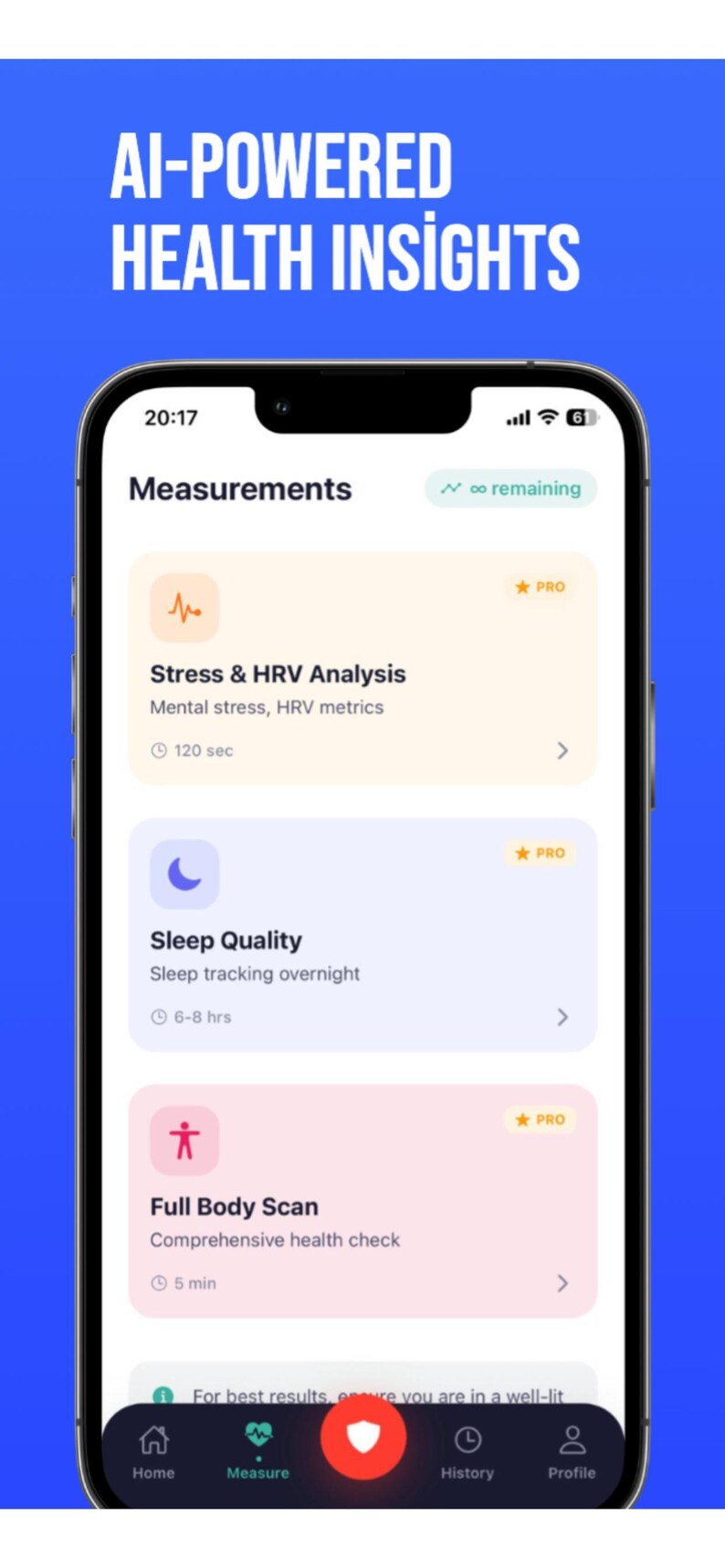May include: A smartphone screen displaying a health application interface titled Measurements. The screen features cards for Stress & HRV Analysis, Sleep Quality, and Full Body Scan, with a bottom navigation bar including icons for Home, Measure, History, and Profile.