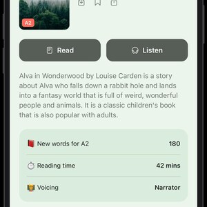 May include: A smartphone screen displaying a book details page for Alva in Wonderwood by Louise Carden. The interface includes a book cover image of a forest, Read and Listen buttons, a plot summary, and statistics for new words, reading time, and voicing.
