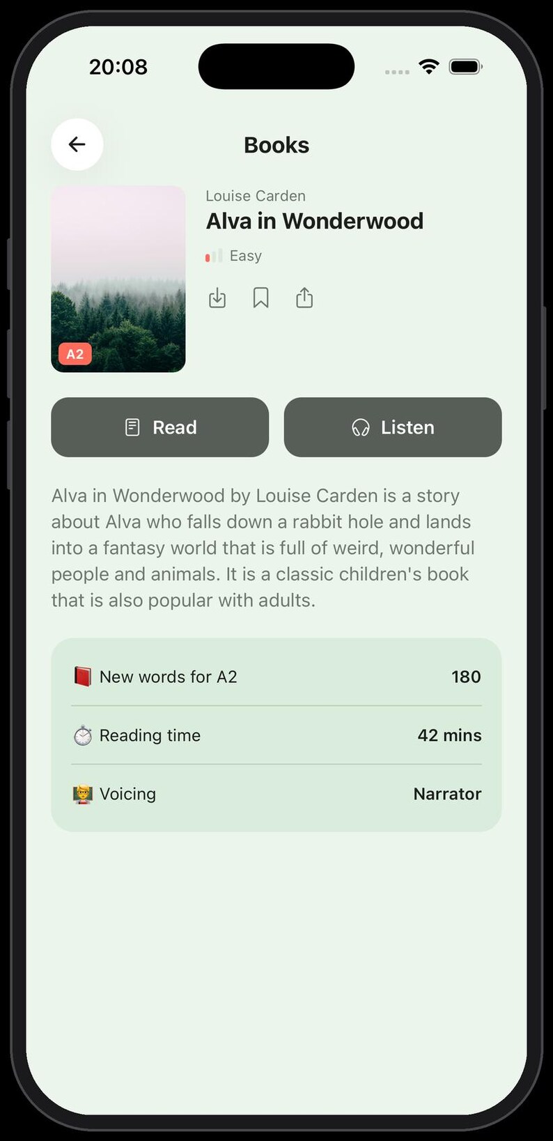 May include: A smartphone screen displaying a book details page for Alva in Wonderwood by Louise Carden. The interface includes a book cover image of a forest, Read and Listen buttons, a plot summary, and statistics for new words, reading time, and voicing.