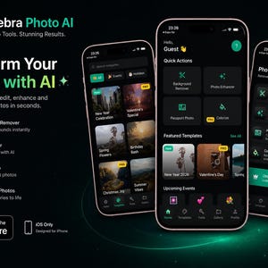 May include: Three smartphones display the Celebra Photo AI app interface with a dark theme, featuring green icons and text. The screen shows menus for background removal, photo enhancement, passport photos, and colourisation, alongside template options.