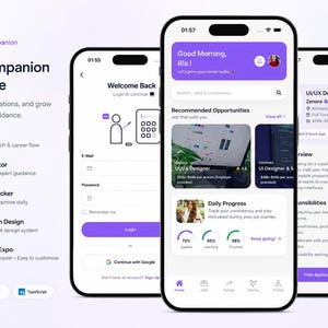 Op de afbeelding: Een Jovia AI Job Companion UI-sjabloon met drie smartphoneschermen die een inlogpagina, een dashboard met aanbevolen vacatures en een functiebeschrijvingspagina tonen met paarse en witte interface-elementen en tekst.