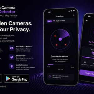 Op de afbeelding: Een digitale interface voor de Hidden Camera Scan Detector app weergegeven op twee smartphones. Het scherm toont scanfuncties zoals Wi-Fi, Bluetooth, EMF en IR-detectoren, met de tekst Find Hidden Cameras. Protect Your Privacy.