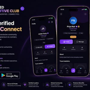 Op de afbeelding: Drie smartphones tonen de interface van de mobiele applicatie Verified Executive Club met een donkerpaars thema. De schermen tonen gebruikersprofielen, berichtfuncties en netwerktools. De tekst bevat Verified Executive Club, Where Verified Leaders Connect en diverse navigatielabels.