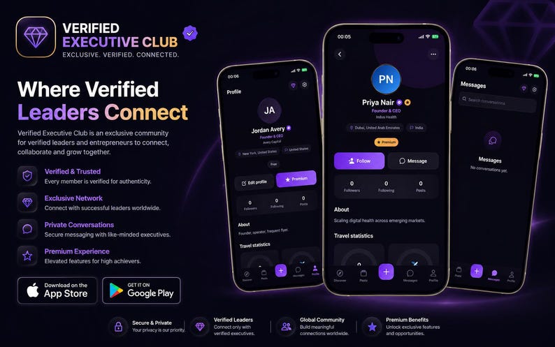 May include: Three smartphones display the Verified Executive Club mobile application interface with a dark purple theme. The screens show user profiles, messaging features, and networking tools. Text includes Verified Executive Club, Where Verified Leaders Connect, and various app navigation labels.